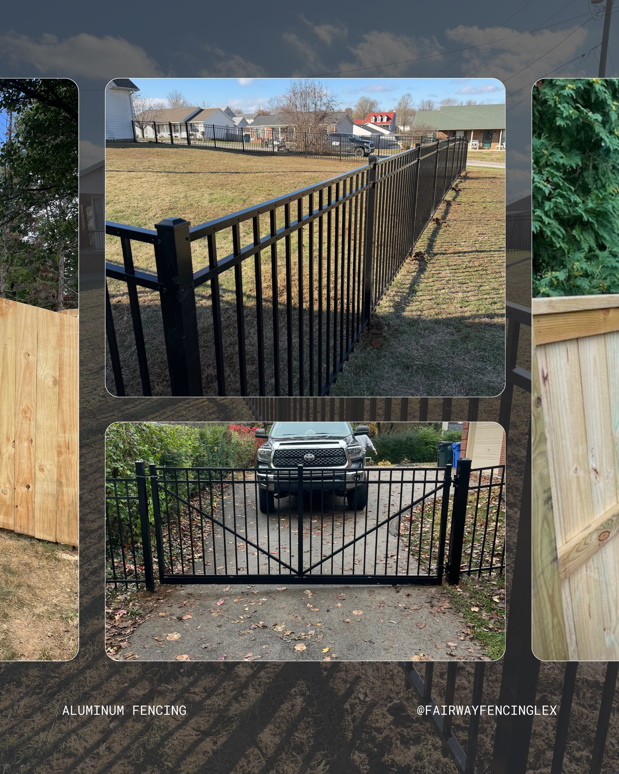 A collage showing aluminum and wood fence installations, including a driveway gate, by Fairway Fencing in Lexington, KY.