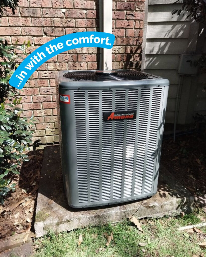 An Amana outdoor HVAC condenser unit installed next to a brick wall by Aire Care Mechanical in Knoxville, TN.