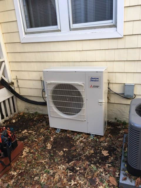 An American Standard Mitsubishi mini-split HVAC condenser unit installation by James HVAC LLC in Georgetown, DE.