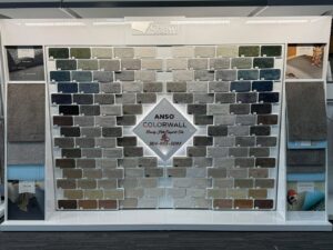 An Anso Colorwall carpet samples display in the showroom of Beverly Hills Carpet & Tile in Huntington, WV.