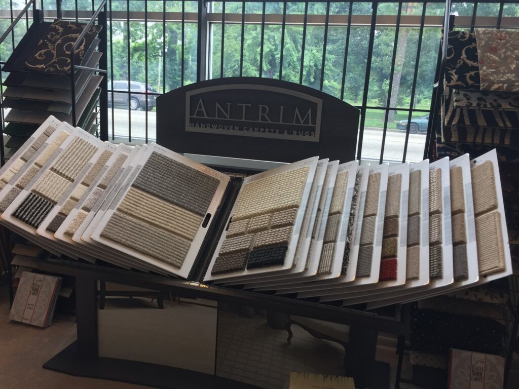 Display of Antrim Handwoven Carpet & Rug samples in the showroom of Zakian Rug Cleaning in Philadelphia, PA