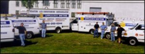 The Appliance Doctor, Inc. team and their fleet of HVAC service vans ready for work in Annapolis, MD.