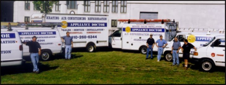 The Appliance Doctor, Inc. team and their fleet of HVAC service vans ready for work in Annapolis, MD.