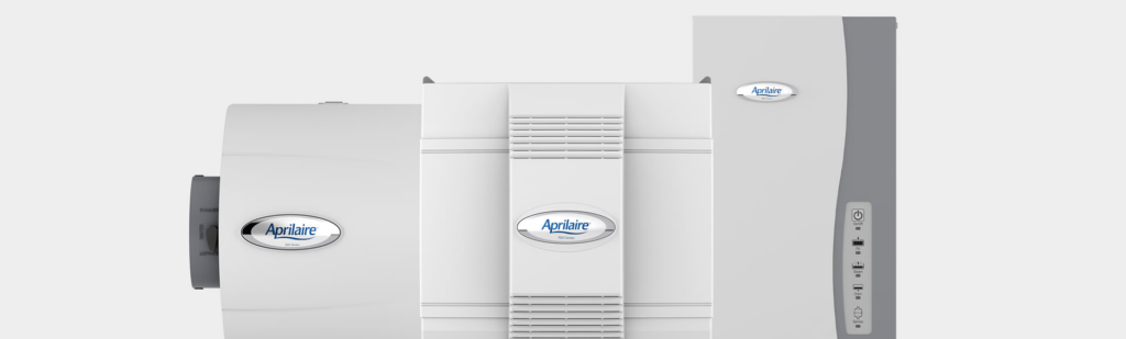 A display of Aprilaire humidifiers and air quality products offered by Air Doctors Heating and Air Conditioning in Kenosha, WI.