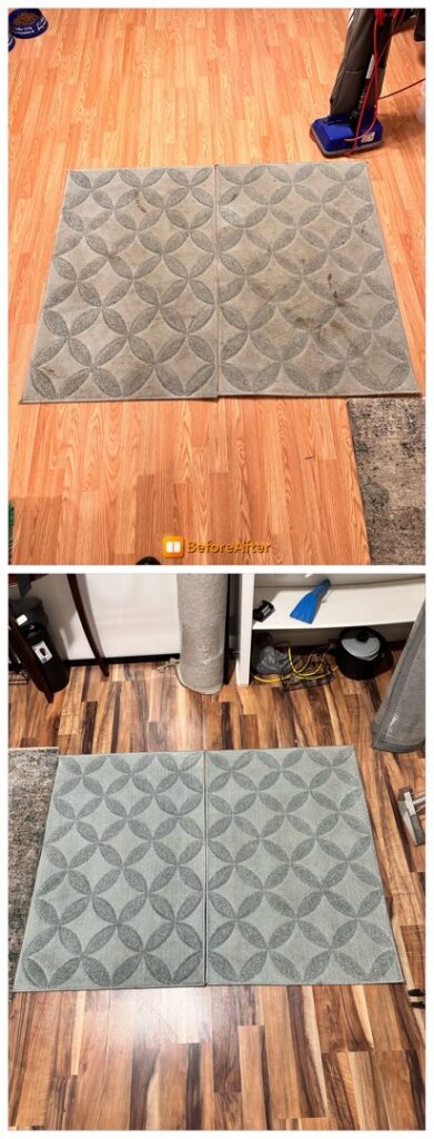 Before and after comparison of an area rug cleaning service by Carpet Chemistry in Gulfport, MS.