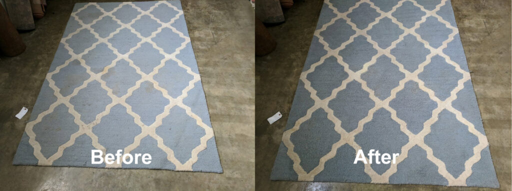 A side-by-side comparison showing a dirty area rug "Before" and a clean area rug "After" service by Fantastic Carpet Cleaning NYC in Ridgewood, NY