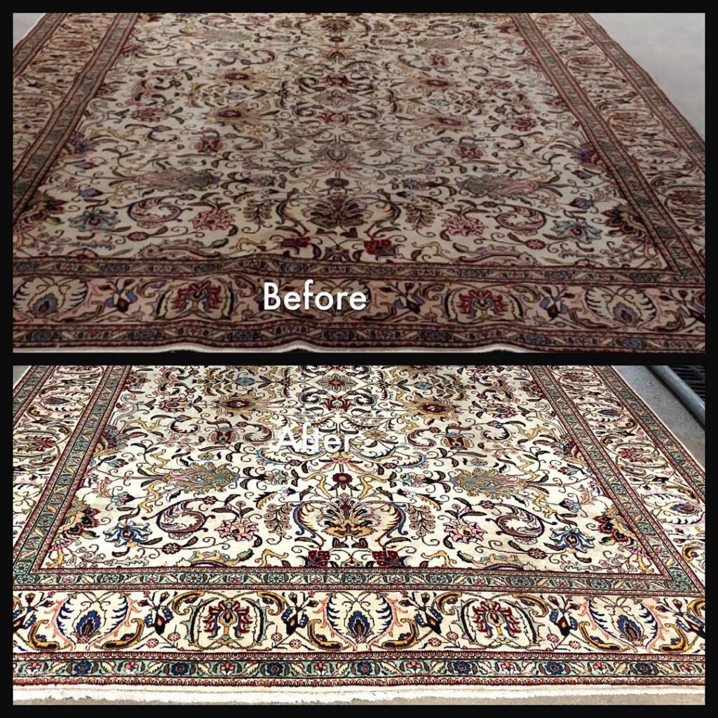 Before and after comparison of a stained area rug professionally cleaned by Mammoth Carpet Cleaners in Pueblo, CO