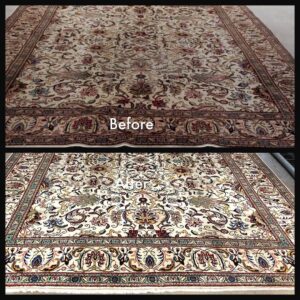 Before and after comparison of a stained area rug professionally cleaned by Mammoth Carpet Cleaners in Pueblo, CO