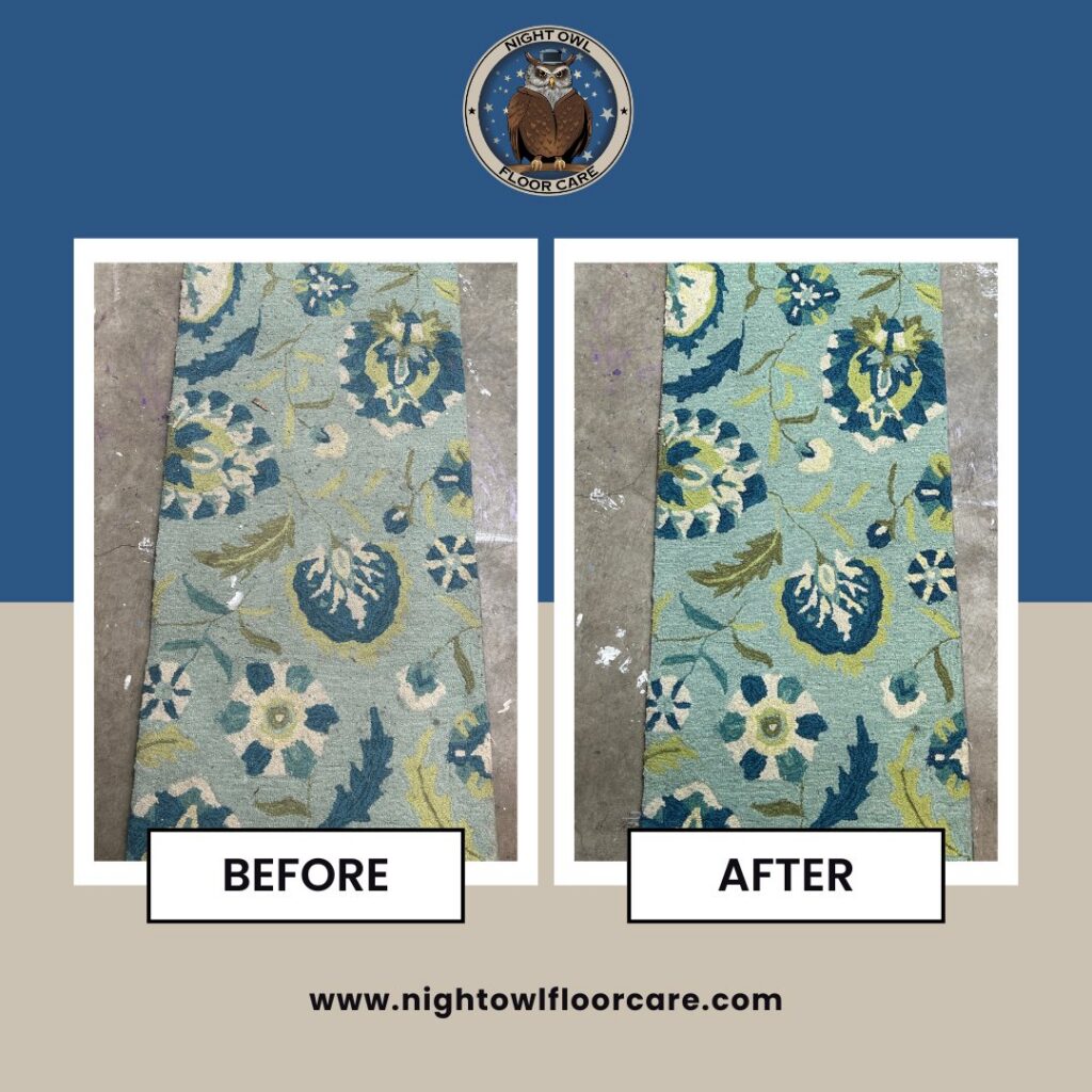 Before and after photos of professional area rug cleaning by Night Owl Floor Care in Wasilla, AK.