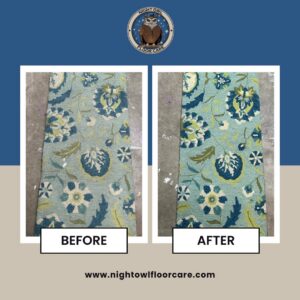 Before and after photos of professional area rug cleaning by Night Owl Floor Care in Wasilla, AK.