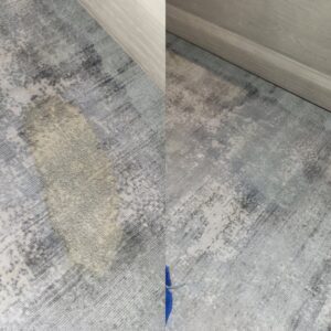 Before and after view of a stained area rug cleaning by Superior Carpet Cleaning And Flooring in Dallas, TX