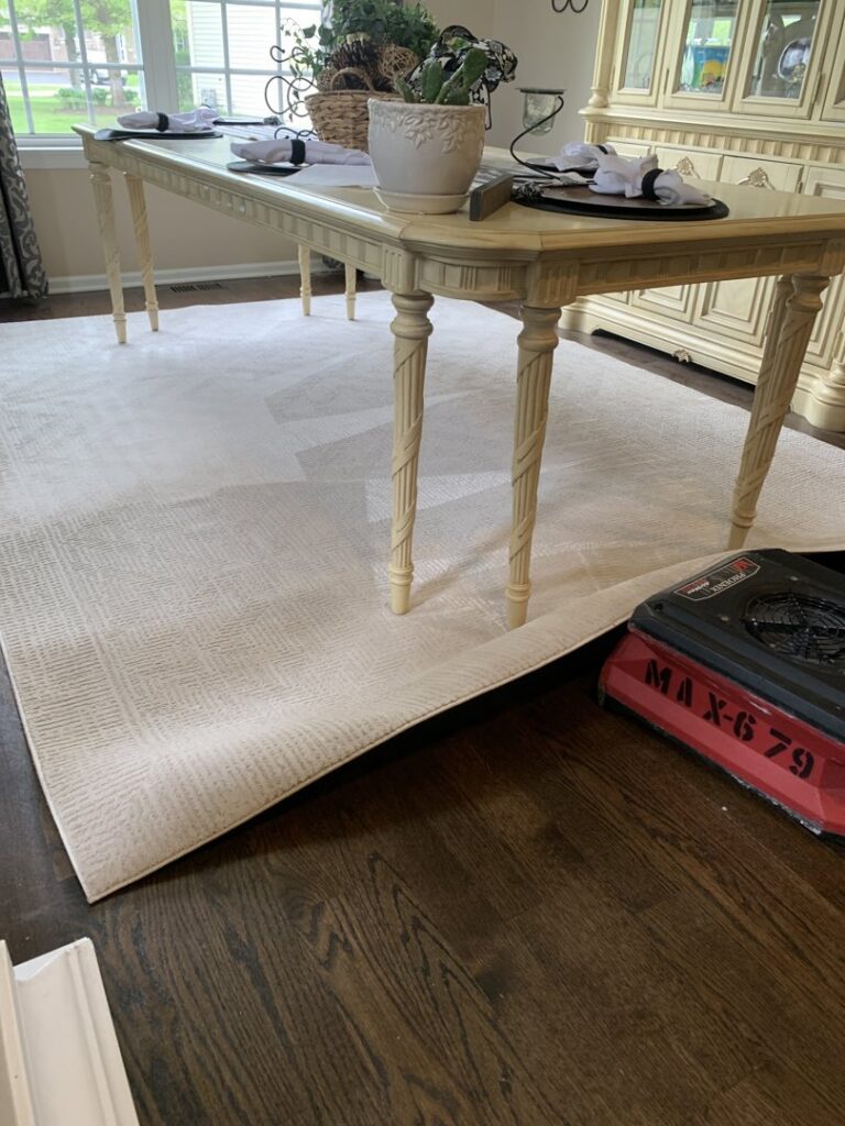 An area rug partially rolled up for cleaning in a dining room by S&J Carpet Care in Oswego, IL
