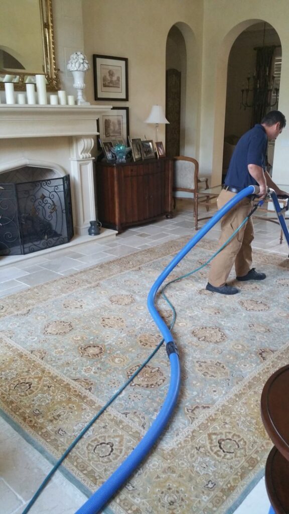 A technician cleaning a large area rug in a residential living room using a professional wand for Carpet Care in Reisterstown, MD.