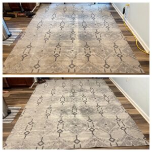 Before and after comparison of an area rug cleaned by A-Team Carpet Care in Chesapeake, VA.