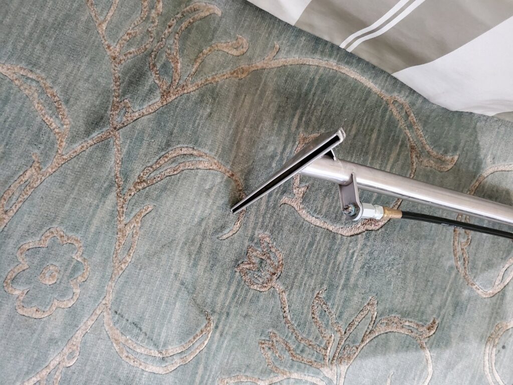 A professional carpet cleaning wand being used to clean a patterned area rug by Genie Clean Services LLC in Dallas, TX.