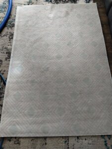 An area rug being professionally cleaned with a hose and tool, demonstrating the rug cleaning service of Norris Carpet Care in Watertown, SD.