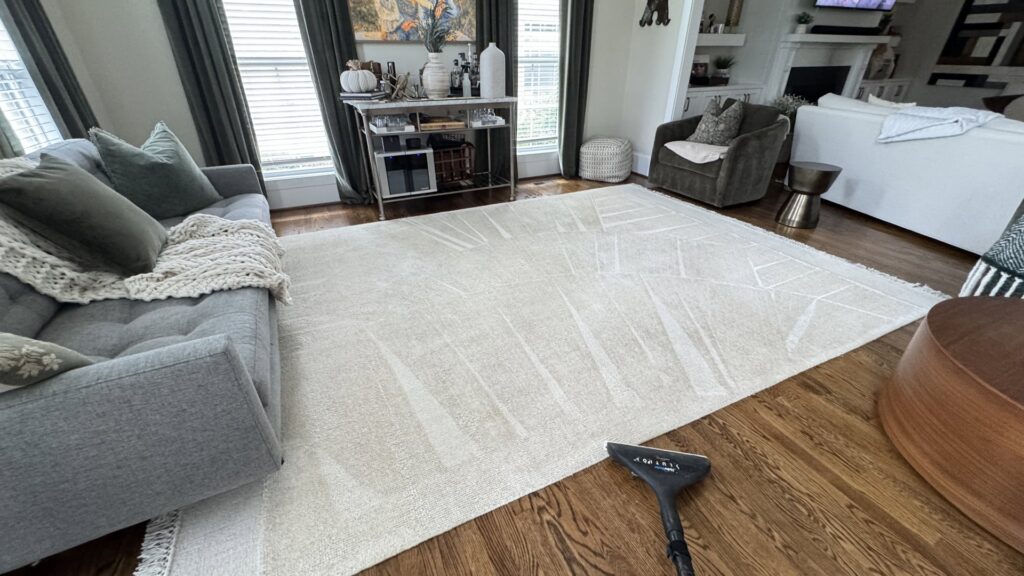A large area rug being professionally cleaned in a living room by Pronto And Carpet LLC in Charlotte, NC.
