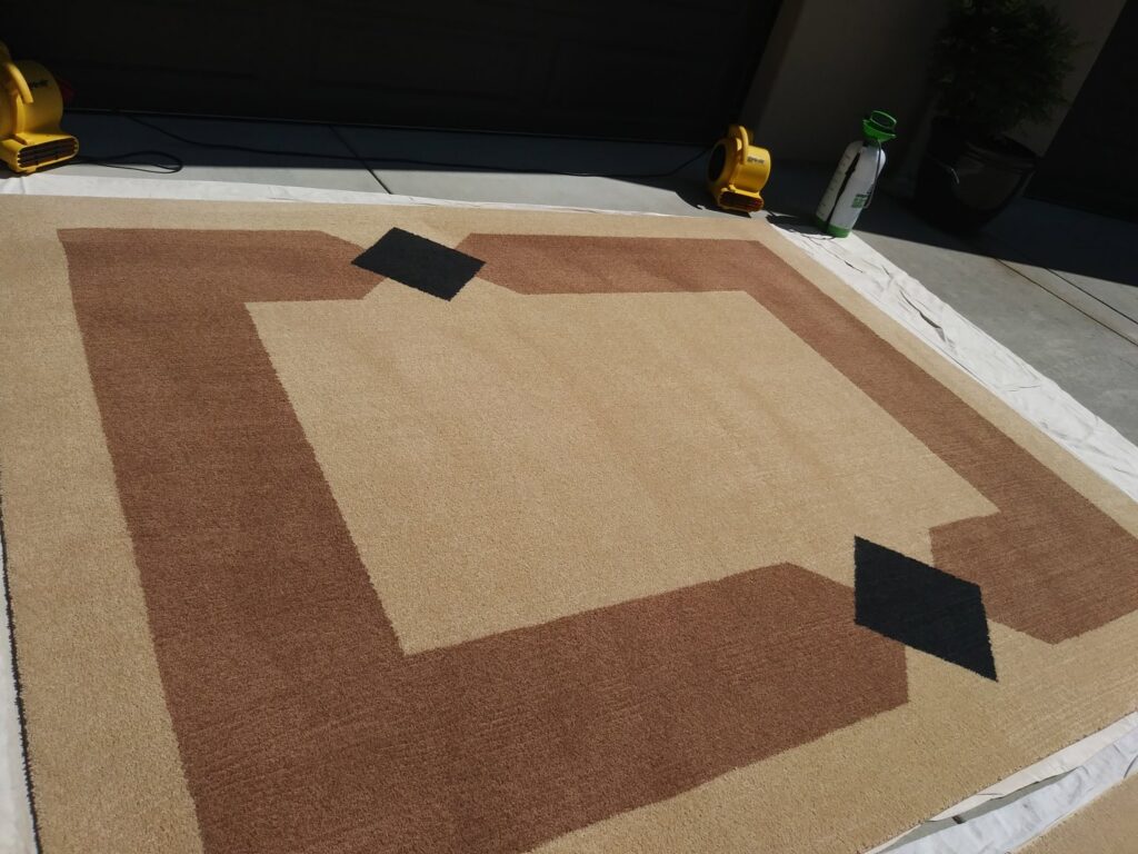 An area rug drying outdoors with fans after professional cleaning by My Dad's Floor and Upholstery Cleaning in Sacramento, CA.