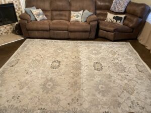 An area rug showing a clear before and after cleaning, half-cleaned by Stain Punishers Carpet Cleaning in Plano, TX.