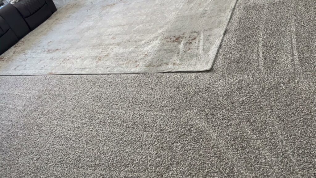 An area rug partially lifted to reveal cleaning lines on the carpet underneath, done by Floor Medics in Huntsville, AL