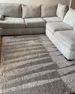An area rug and sectional sofa showing cleaning marks after professional service by Carpet Kingz in Houston, TX