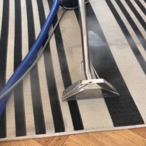 Close-up of a professional steam cleaning a striped area rug, demonstrating thorough cleaning by Dalia's Carpet Cleaning in San Francisco, CA.