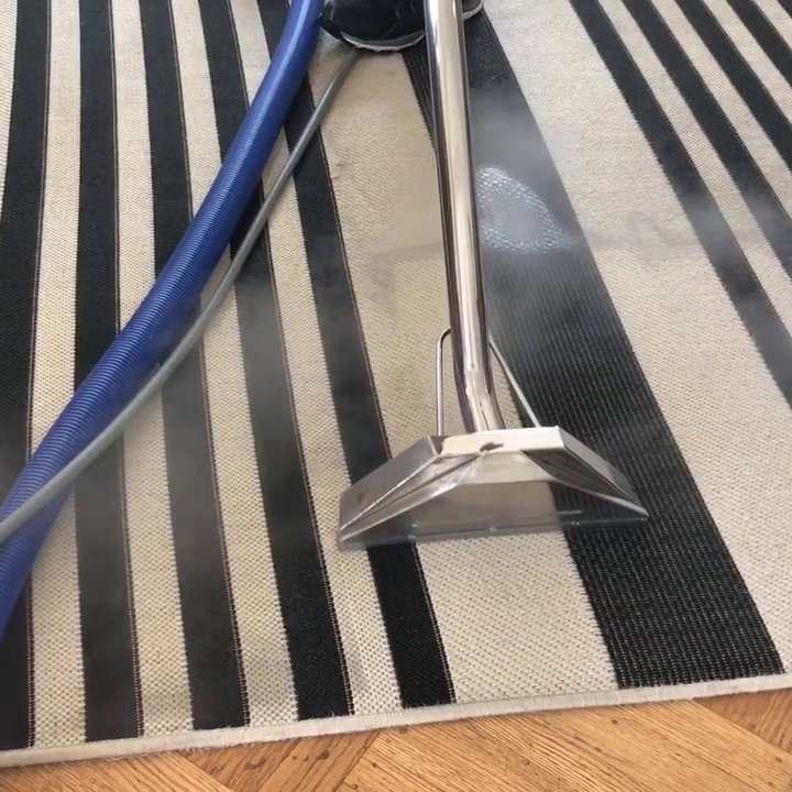 Close-up of a professional steam cleaning a striped area rug, demonstrating thorough cleaning by Dalia's Carpet Cleaning in San Francisco, CA.