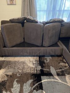 An area rug visible under a sofa with cushions removed, ready for cleaning by Seminole Carpet Cleaning in Tallahassee, FL