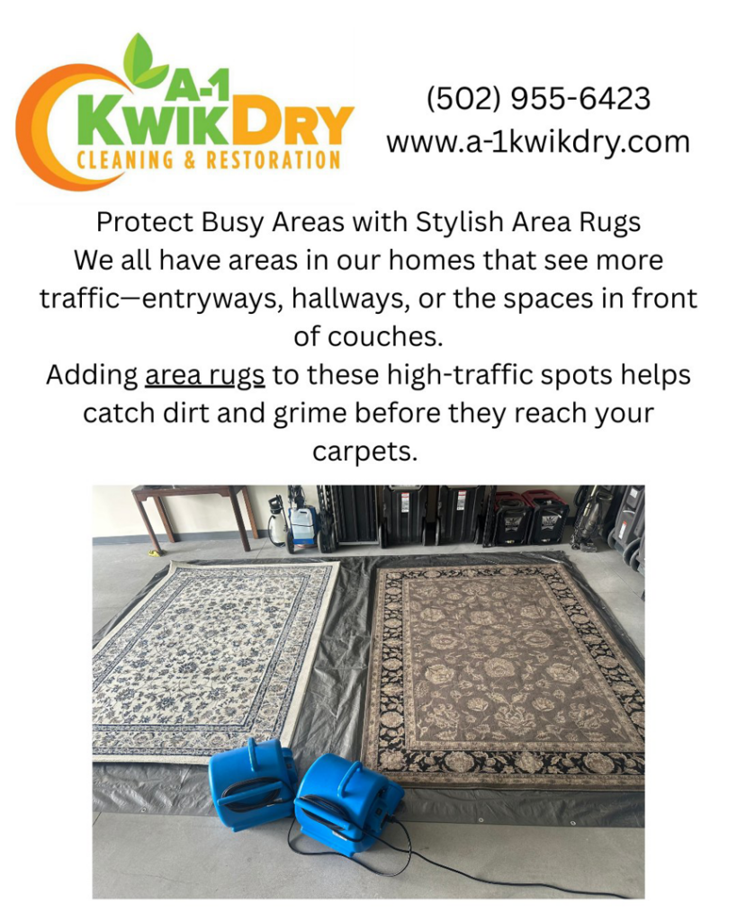 Two area rugs drying with air movers after professional cleaning by A-1 Kwik Dry Carpet Cleaning in Louisville, KY.