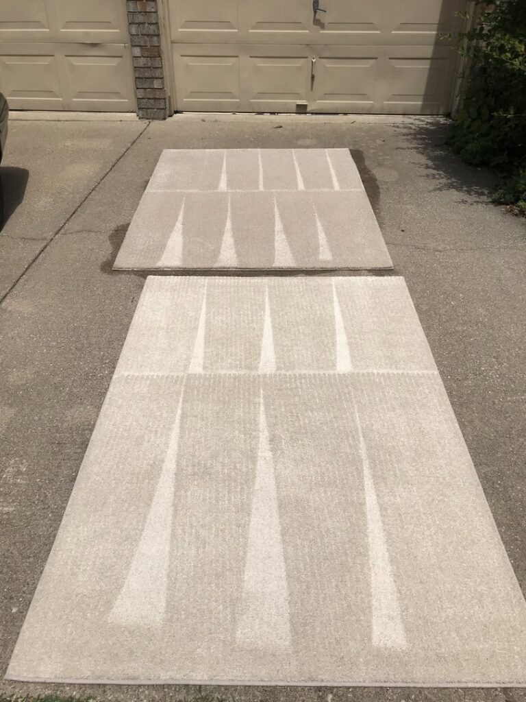 Two area rugs laid out on a driveway, drying after professional cleaning by Stain Punishers Carpet Cleaning in Plano, TX.