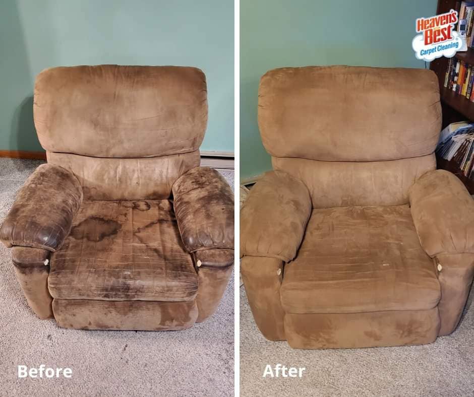 Before and after of professionally cleaned armchair upholstery by Heaven's Best Carpet Cleaning of Rio Rancho ABQ.