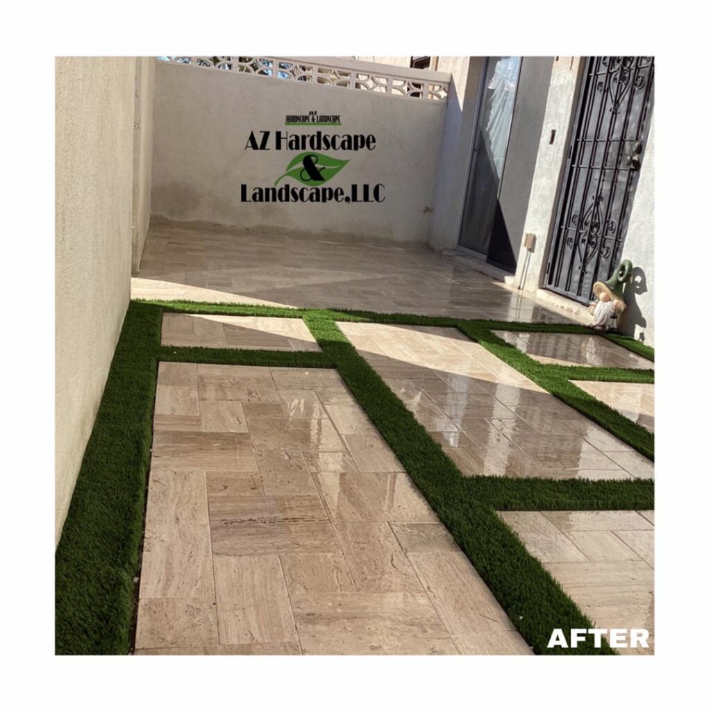 Modern backyard design with artificial turf and paver pathway installed by AZ Hardscape & Landscape LLC in Phoenix, AZ.