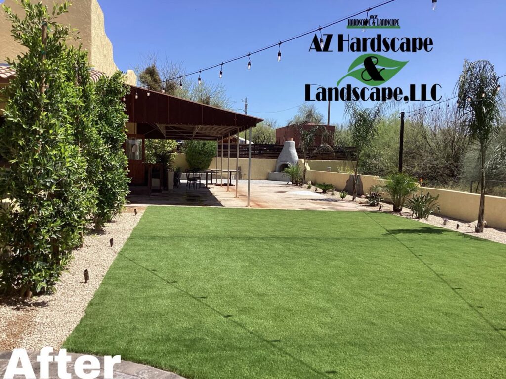 Newly installed artificial turf lawn with gravel and string lights by AZ Hardscape & Landscape LLC in Phoenix, AZ.
