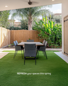 An outdoor patio featuring newly installed artificial turf by Carpet World Baton Rouge, LA.