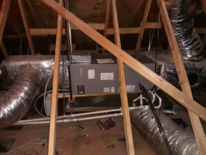 An attic air handler and ductwork installation by Go West A/C & Heating in Fort Worth, TX.