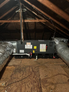 An air handler unit and insulated ductwork installed in an attic by Dodrill Comfort & Energy Solutions in Cross Lanes, WV