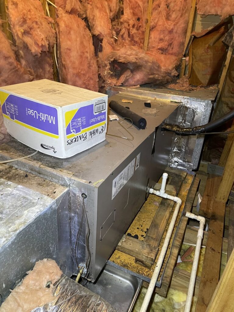 An air handler unit in an attic, installed by Caballero's A/C & Heating in Marrero, LA.