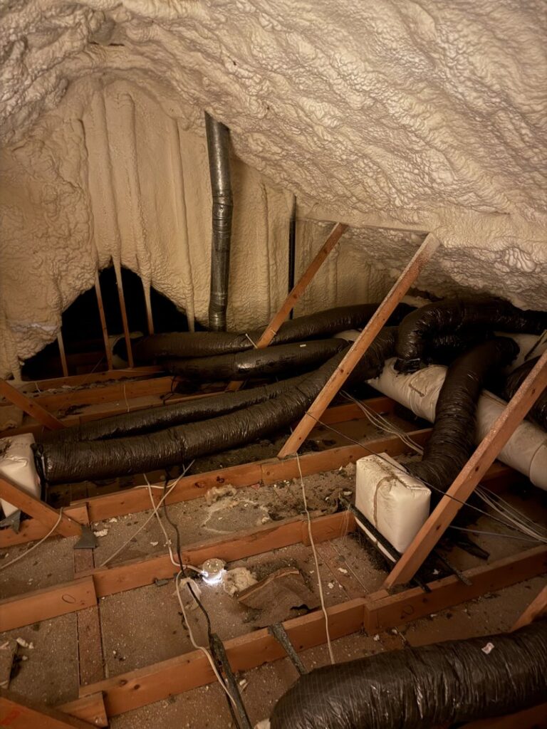 Flexible ductwork and insulation installed in an attic by Great Plains Heating & Air in Goddard, KS.