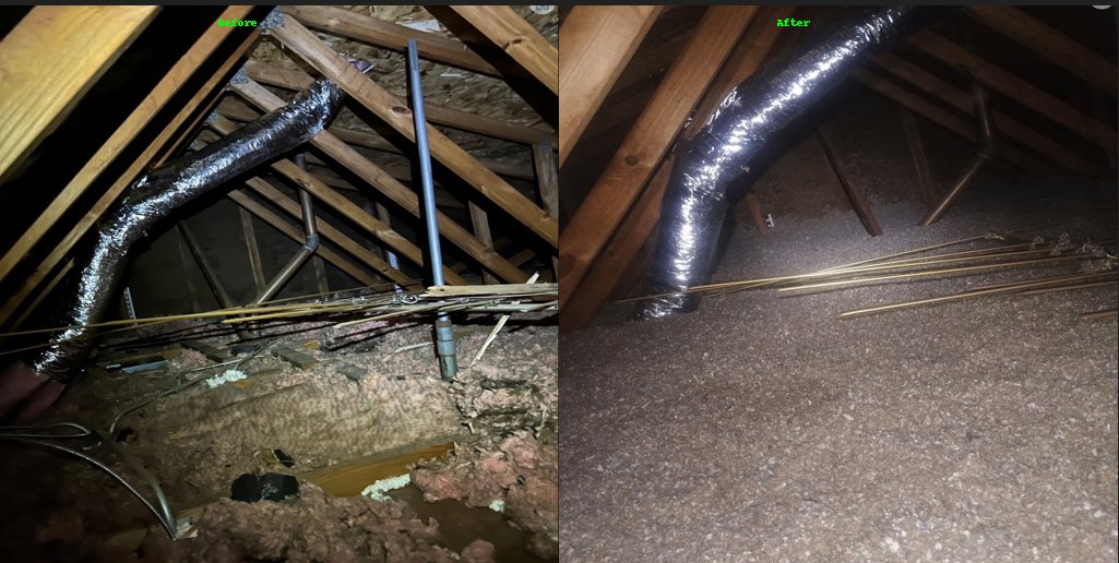 Before and after view of attic ductwork and insulation by Assured Energy Solutions in Frankfort, IL.