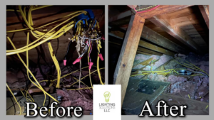 Before and after view of attic electrical wiring, showing improved organization by CJ Lighting Solution LLC in Greensboro, NC.