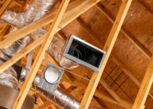 Attic HVAC ductwork installation in a residential building by Rhode Island HVAC Services in Providence, RI.