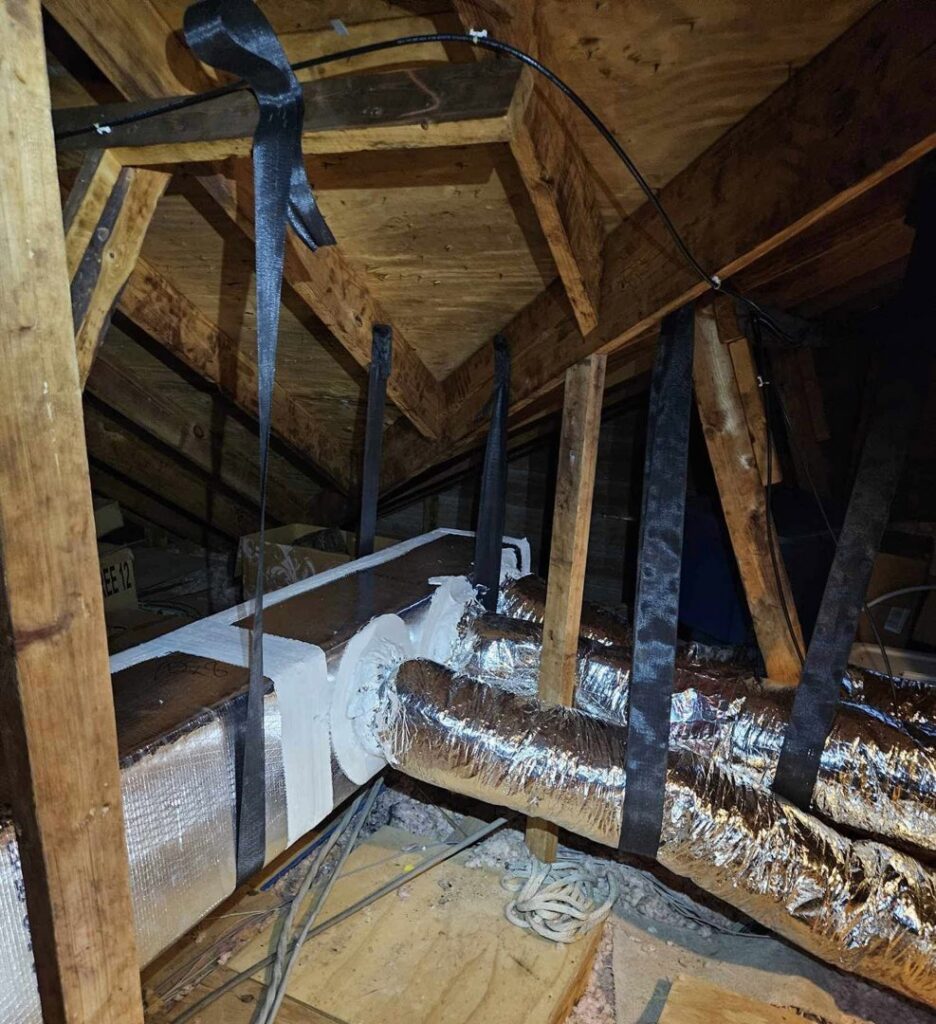 Insulated HVAC ductwork system installed in an attic, showcasing work by Budget Heating and Air in Mobile, AL.