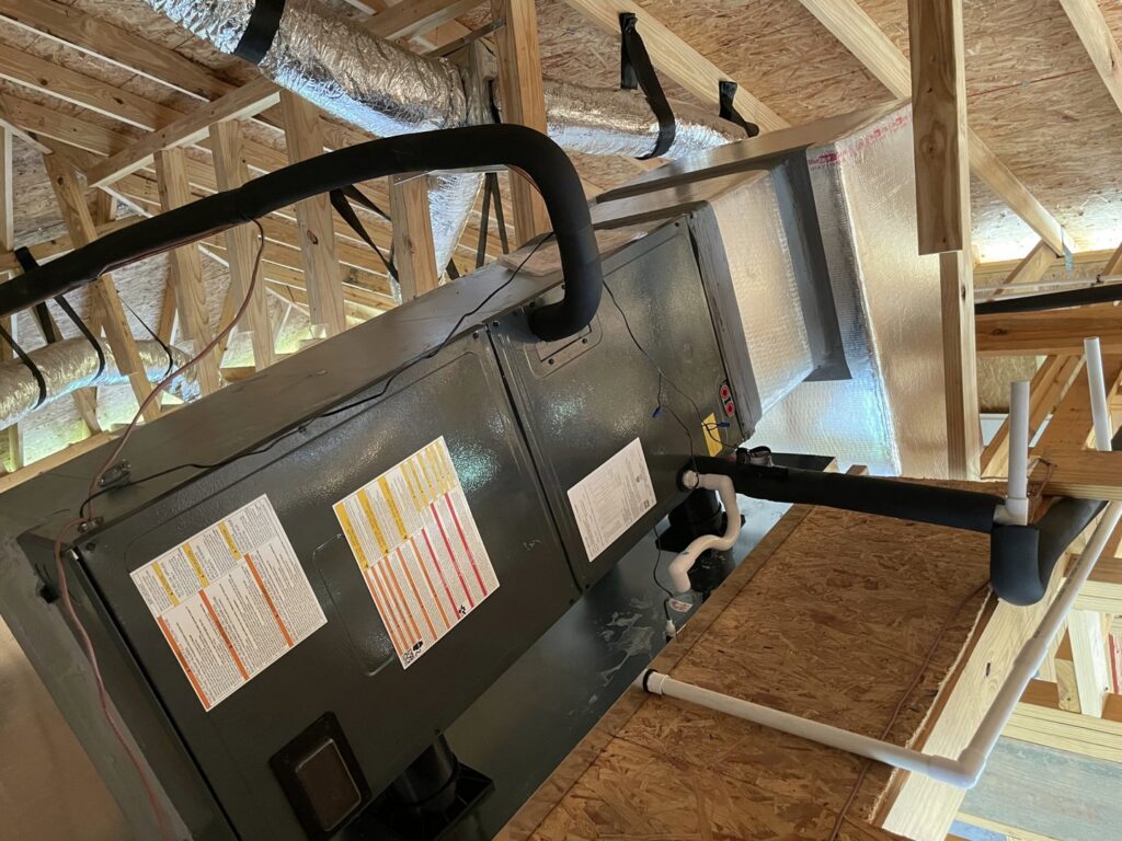An attic HVAC system installation in progress by Caballero's A/C & Heating in Marrero, LA.