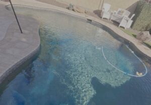 An automatic pool cleaner hose visible in a clean swimming pool, demonstrating service by Pool Pals in Franklin, MA.