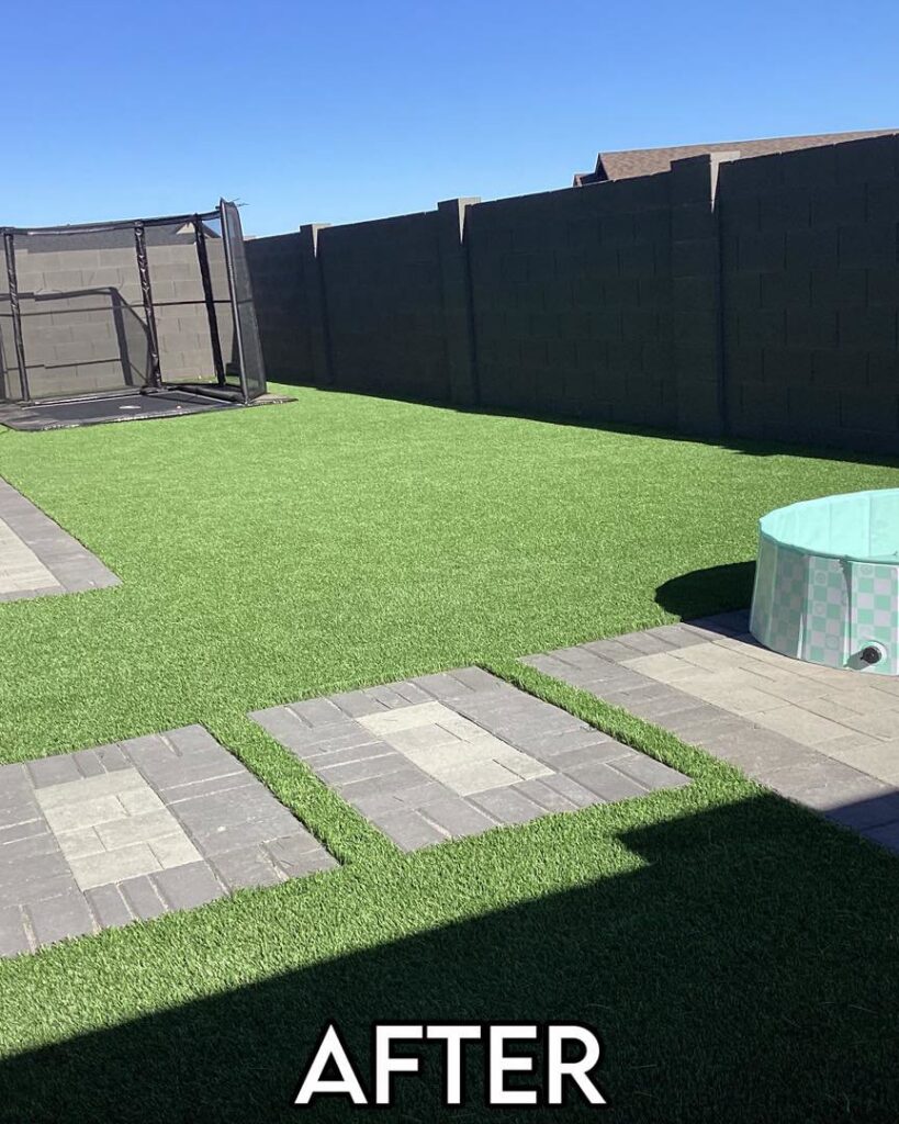 Backyard with artificial turf, a trampoline, and a small pool, installed by AZ Hardscape & Landscape LLC in Phoenix, AZ.