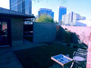 A block privacy fence enclosing a backyard with artificial turf by Arce Masonry LLC in Glendale, AZ