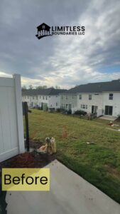 A 'before' view of a backyard showing initial stages of a fence installation project by Limitless Boundaries LLC in Garner, NC.