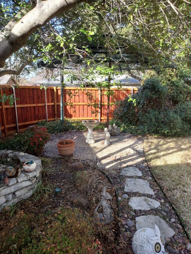A backyard garden featuring a newly stained wooden fence in the background, installed by True Ways Services LLC in Mesquite, TX.