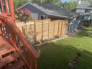 A custom horizontal slat fence enclosing a backyard space, expertly built by Accent Fence & Design in Lakewood, CO.