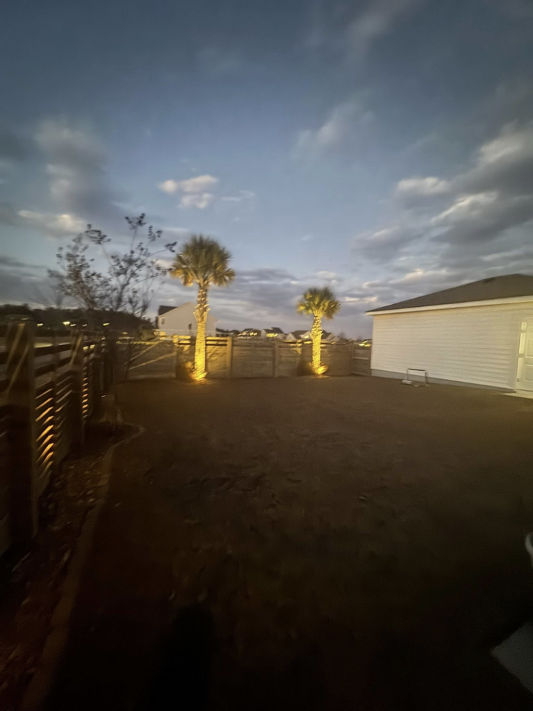 A wide view of a backyard showcasing professional landscape lighting installation by Watts Up Electric LLC in Summerville, SC.